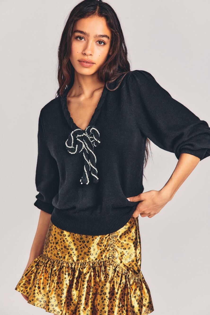 LoveShackFancy Leonora Black Ruffled Knit Wool Pearl Bow Sweater Size Small